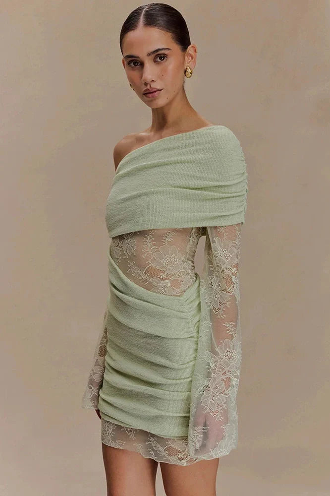 One Shoulder Backless Lace Long Sleeve See Through High Waist Mini Dress