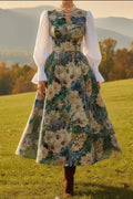 Elegant High Waist Pleated V-Neck Printed Midi Dress