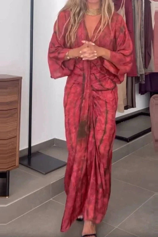 Sleeves Loose Printed Tie-Up V-Neck High Waist Pleated Maxi Dress