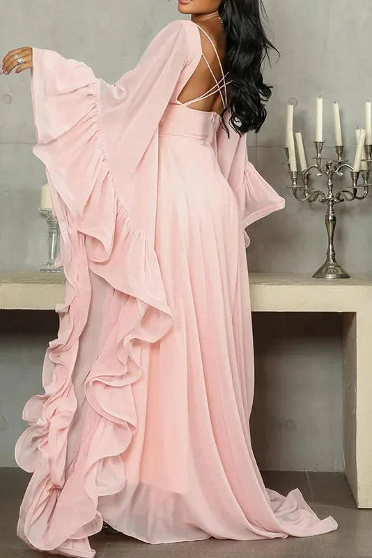 O-Neck High Waist Backless Lace Up Long Sleeve Maxi Dress