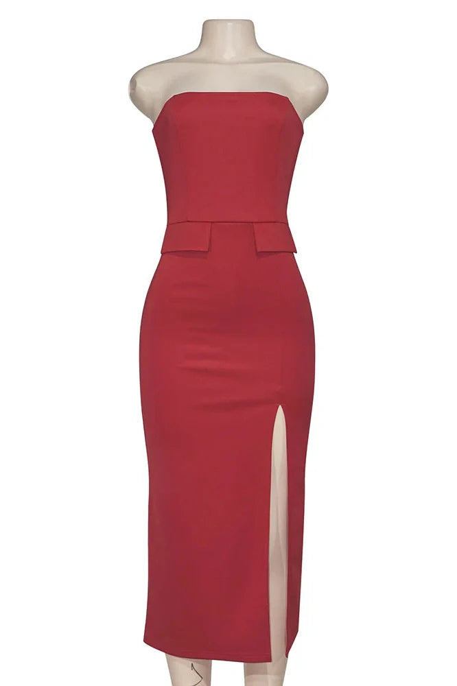 Elegant Strapless Slit Sleeveless Slim High Waist Midi Dress