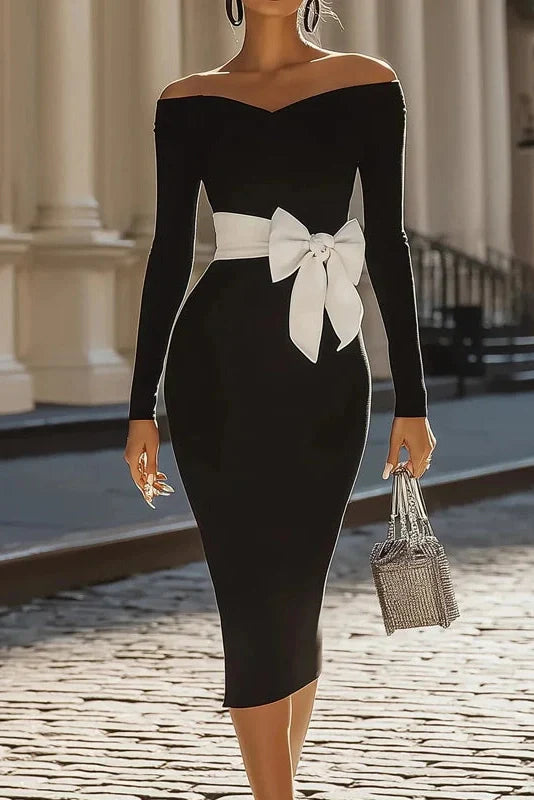 Off-Shoulder Lace Up Long Sleeve Slim Midi Dress