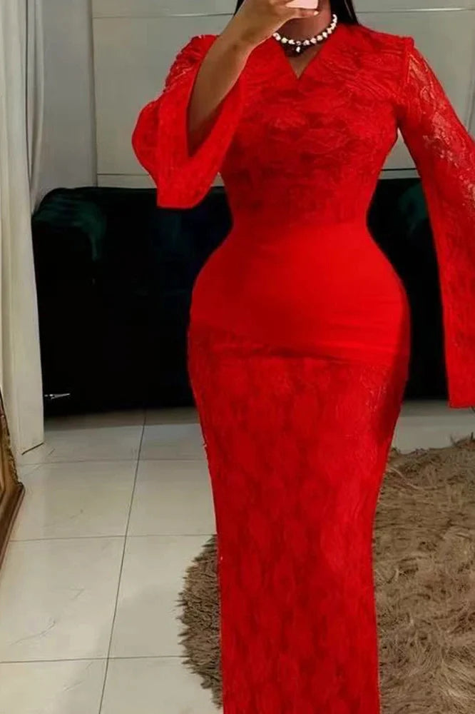 Hollow Out Lace Flare Sleeve High Waist Slim Maxi Dress