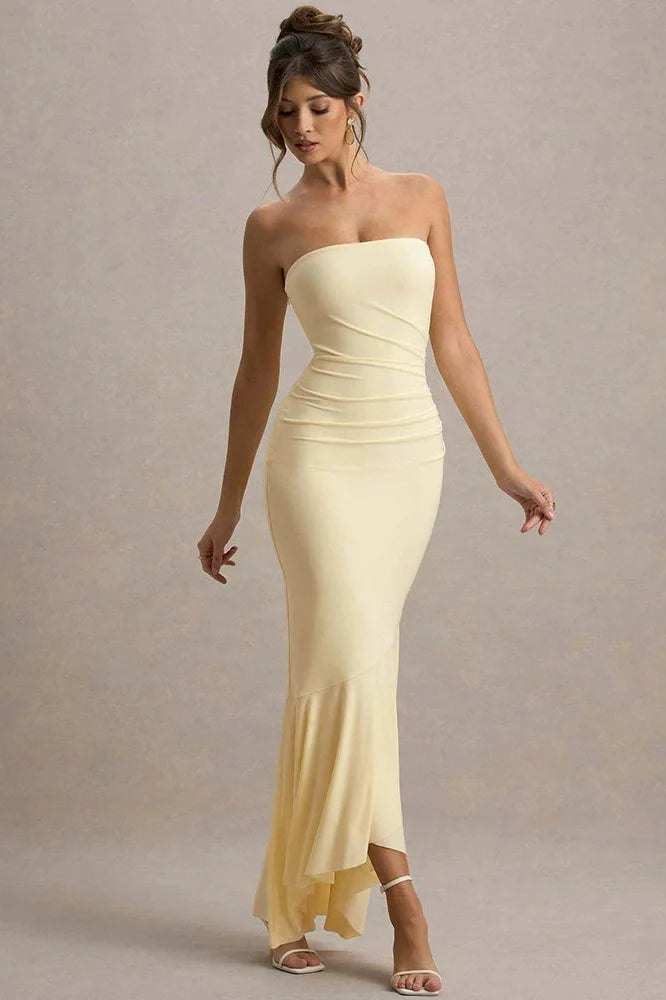 Off-Shoulder Strapless Sleeveless Backless Bodycon Pleated Maxi Dress