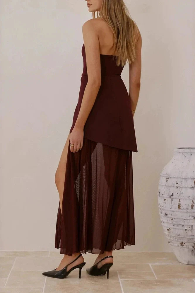 Off Shoulder High Waist Slim Sleeveless Pleated Maxi Dress