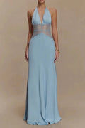 Backless Patchwork Lace Deep V Neck Sleeveless High Waist Maxi Dress