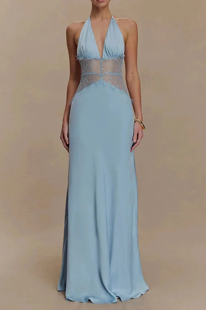 Backless Patchwork Lace Deep V Neck Sleeveless High Waist Maxi Dress