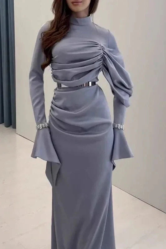 Pleated Slim Long Sleeve High Waist Irregular Maxi Dress