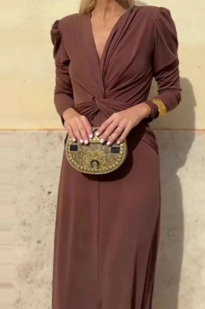 Elegant V-Neck Slim Long Sleeve High Waist Maxi Dress