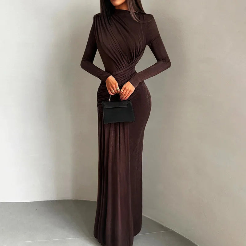 Round Neck High Waist Long Sleeve Maxi Dress