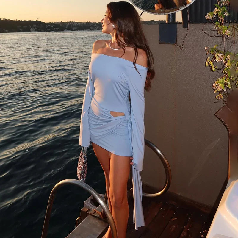 Off Shoulder Lace Up Long Sleeve Slim Mini Dress