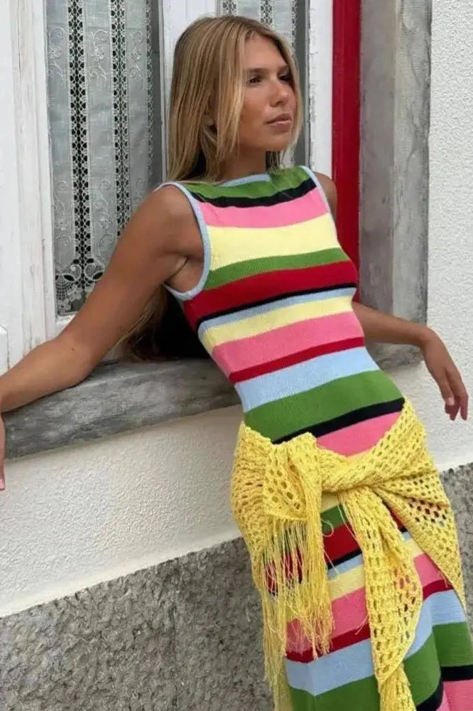 Striped Knit Patchwork Sleeveless Bodycon Maxi Dress
