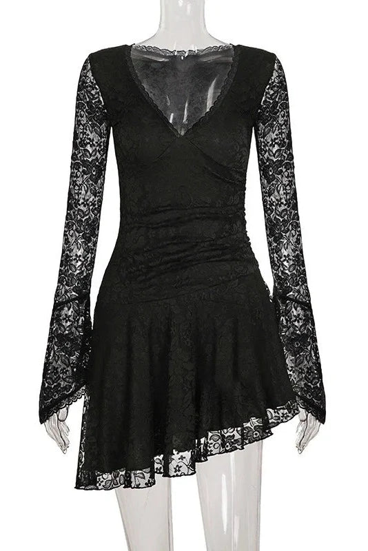 Hollow Out Lace Flare Sleeves Deep V-Neck Slim Mini Dress
