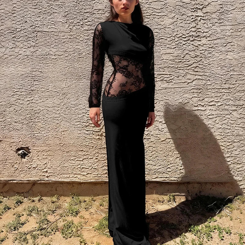 Elegant Patchwork See Through High Waist Maxi Dress