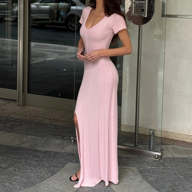 Knitted V-Neck Slit Short Sleeve Slim Maxi Dress