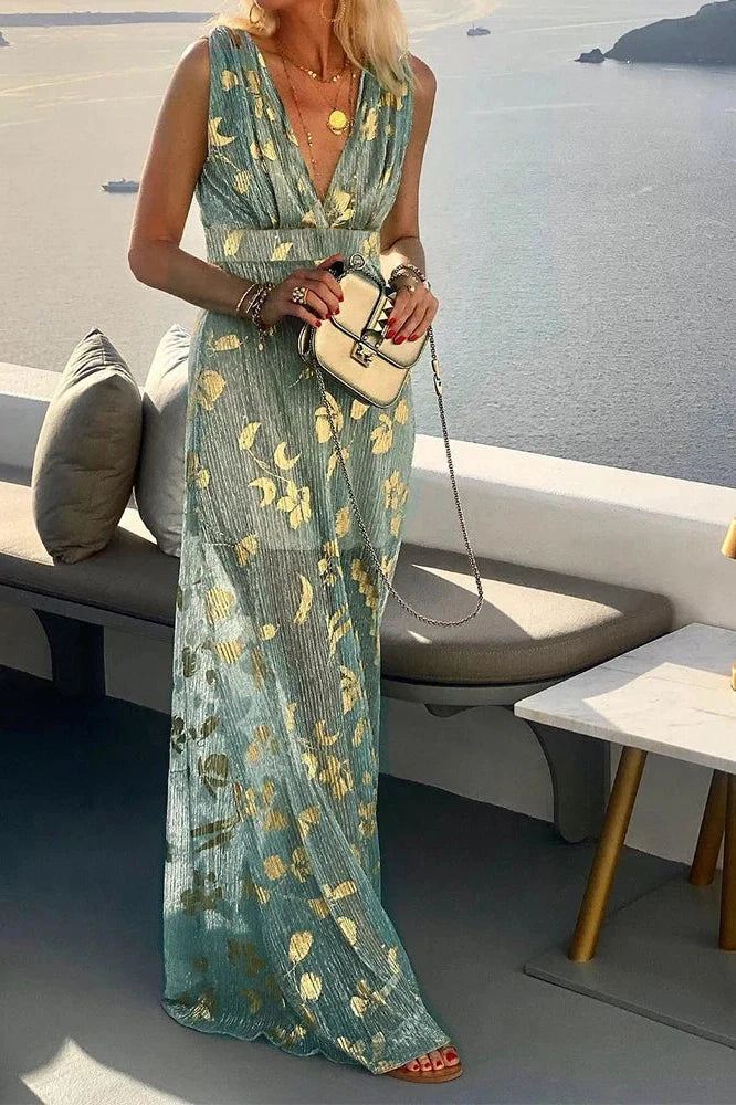 Hollow High Waist Printed Sleeveless Deep V Neck Maxi Dress
