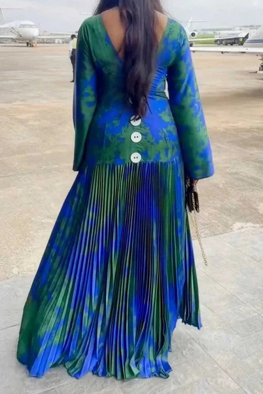Long Sleeve High Waist Printed O-Neck Maxi Dress