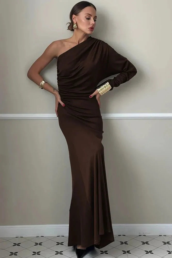 Inclined Shoulder One Sleeve Backless Irregular Maxi Dress