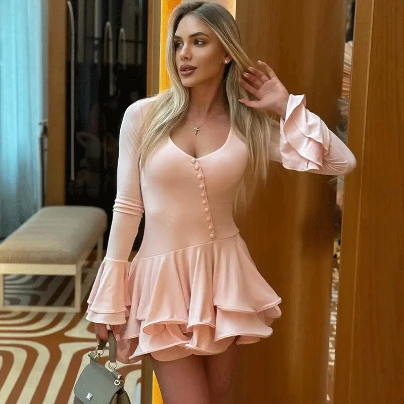 Elegant V-Neck Button Patchwork Mini Dress