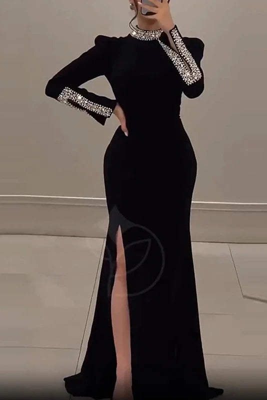 Elegant High Slit Long Sleeve Slim Turtleneck Maxi Dress