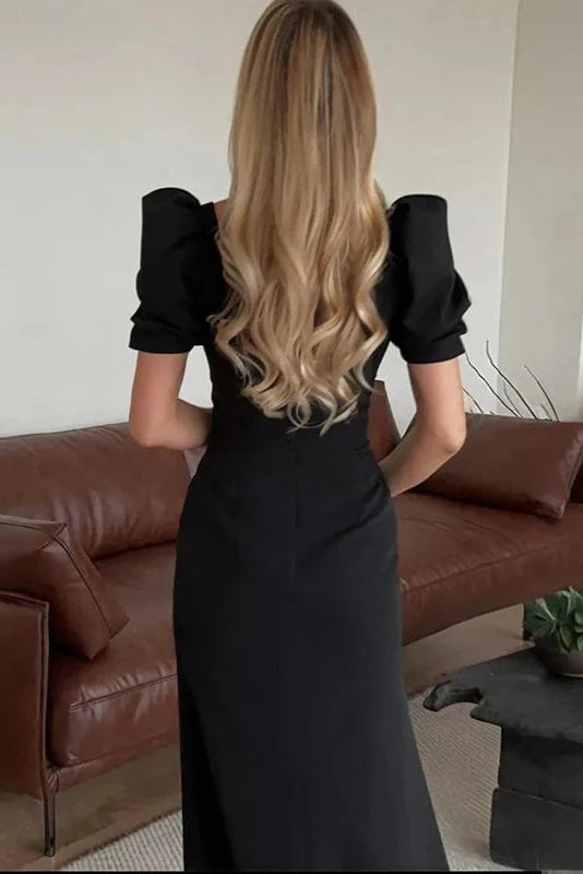 Elegant Square-Neck Short-Sleeved Slim Midi Dress