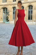 Sleeveless Pleated O Neck High Waist A-Line Midi Dress