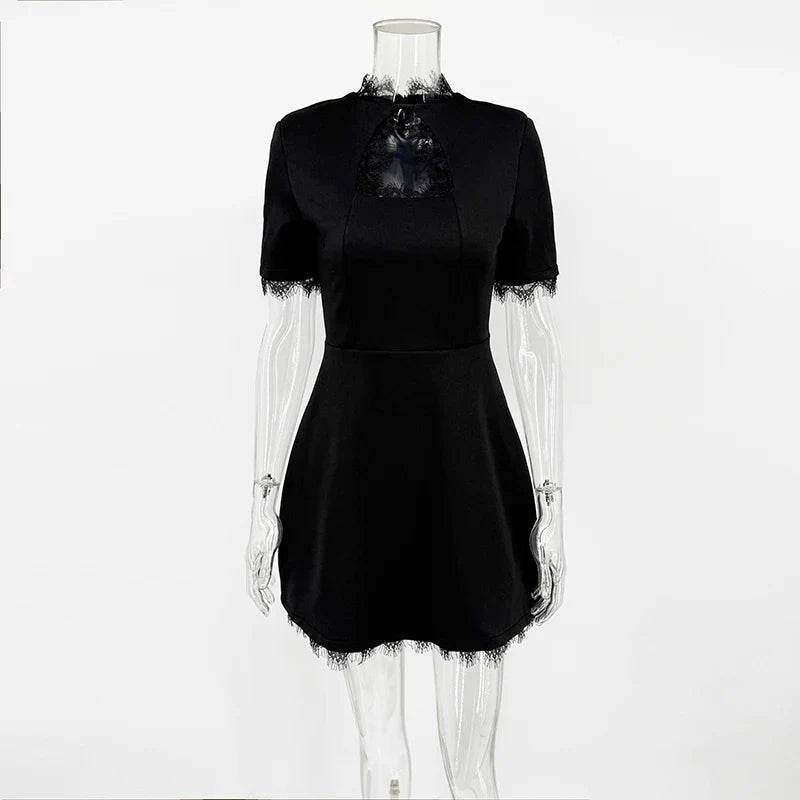 Hollow Lace High Waist Short Sleeve Mini Dress