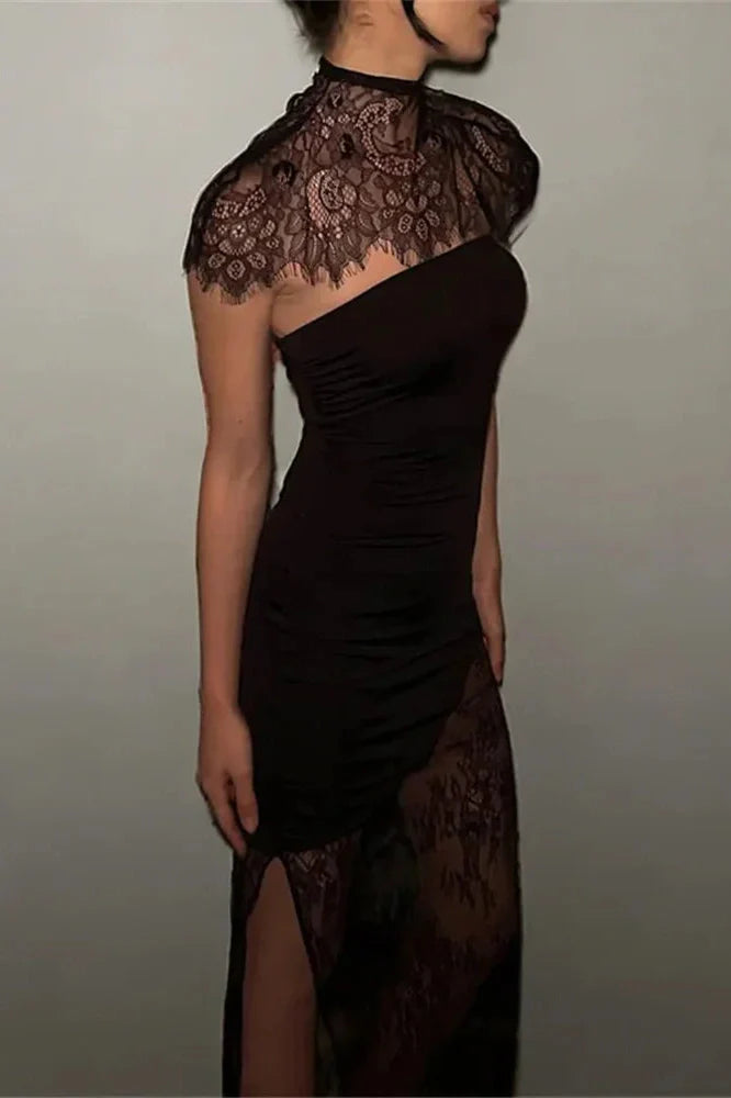 Lace Printed See-Through Turtleneck Patchwork Maxi Dress