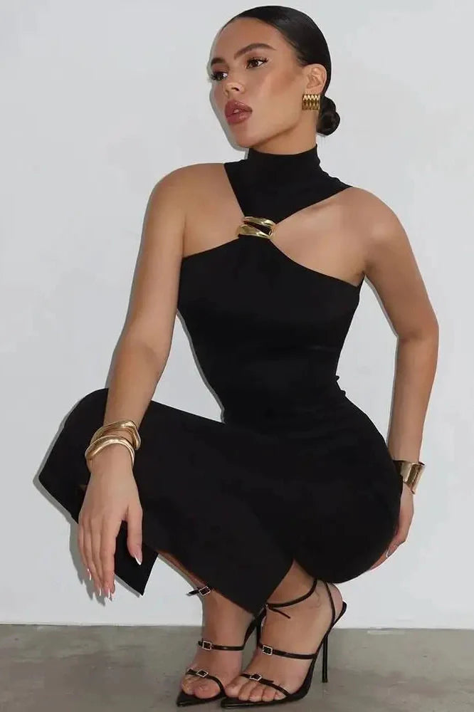 Turtleneck Off-Shoulder Sleeveless Backless Midi Dress