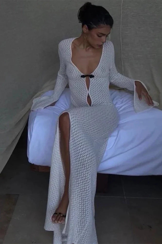 Hollow Out Loose Long Sleeve V-Neck Maxi Dress