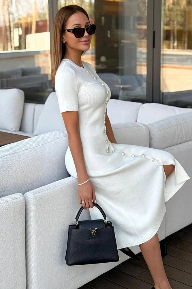 Elegant Knit Short Sleeve Slim High Waist Midi Dress