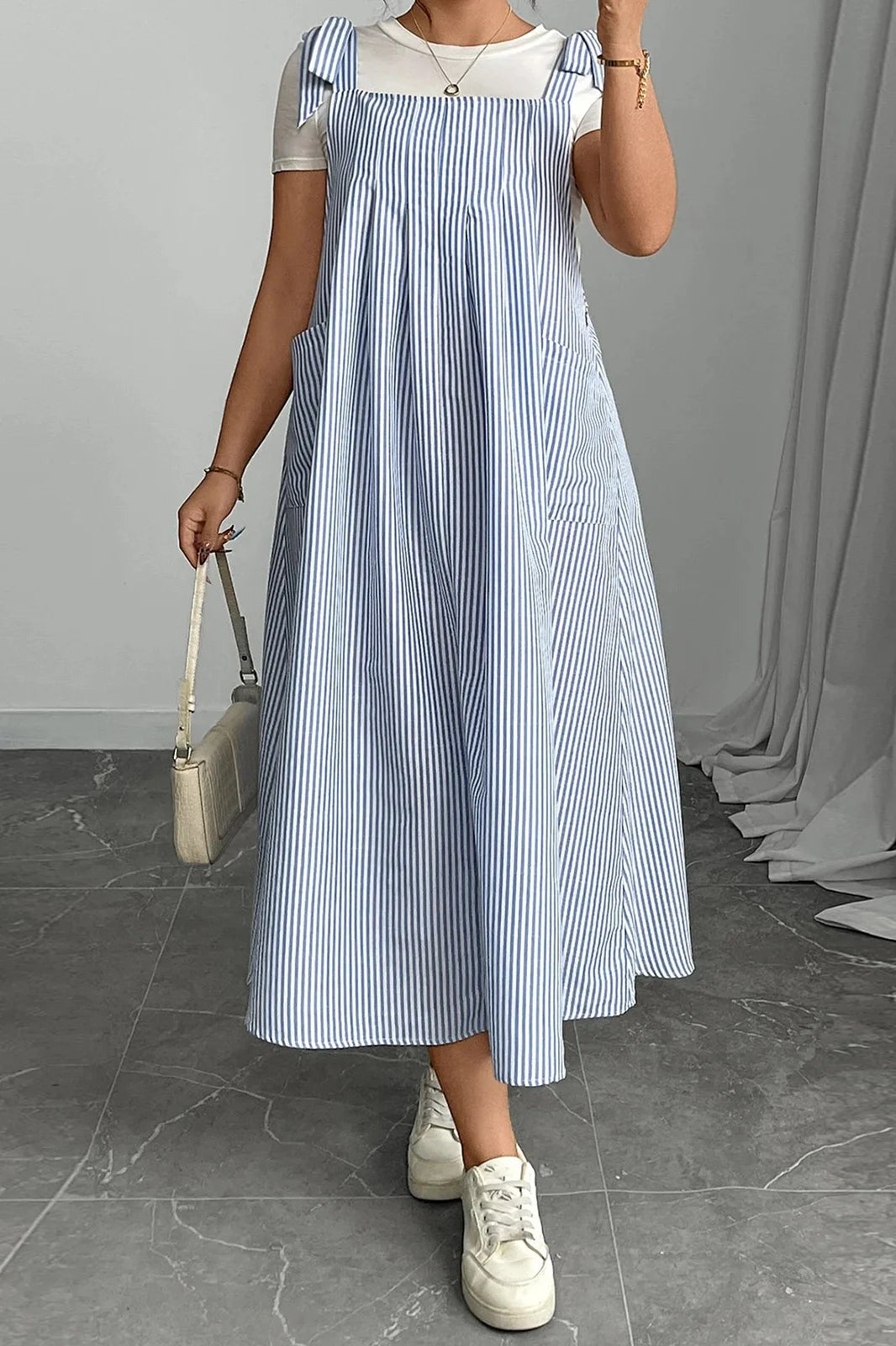 Sleeveless Tie Shoulder Striped Loose Maxi Dress