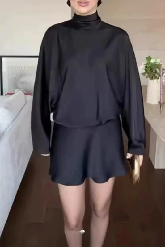 High Waist Pleated Turtleneck Loose Mini Dress