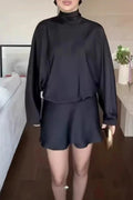 High Waist Pleated Turtleneck Loose Mini Dress