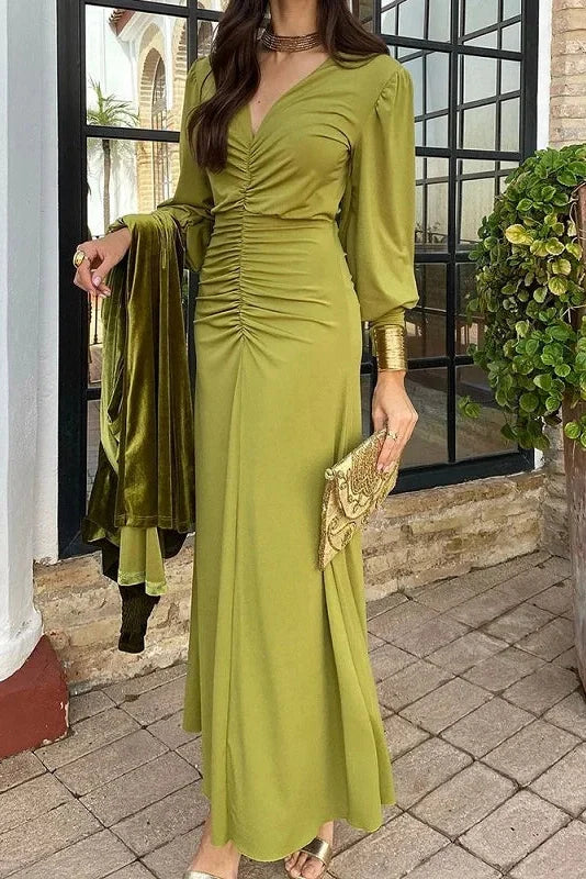 V Neck Slim Pleated A-Line Long Sleeve Maxi Dress