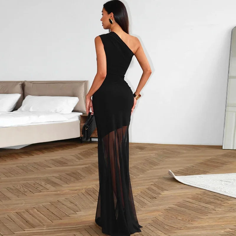 Off Shoulder See Through Patchwork Backless Maxi Dress