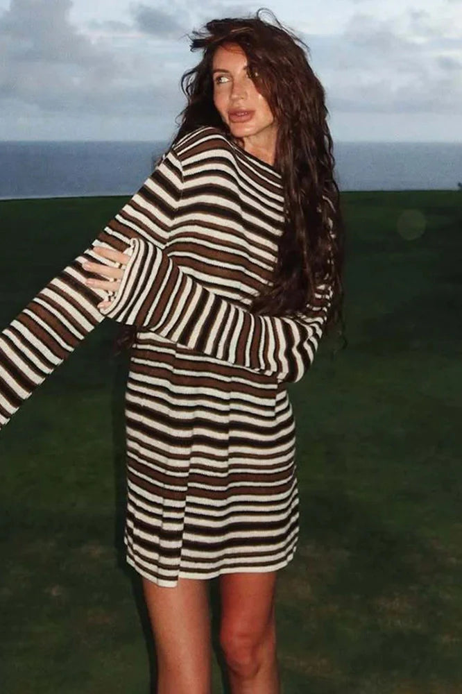 Stripe Knitted Backless Loose Long Sleeve Mini Dress