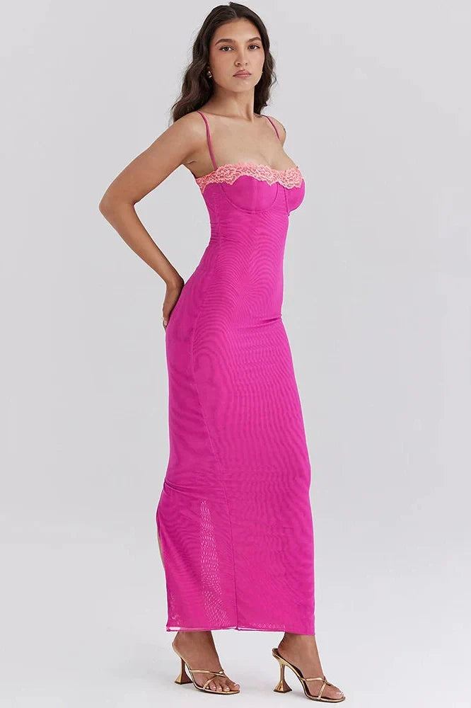 Lace Spaghetti Strap Patchwork Sleeveless Bodycon Maxi Dress