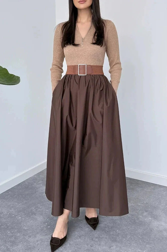 Elegant Zipper Pleated Knitted High Waist Maxi Dress