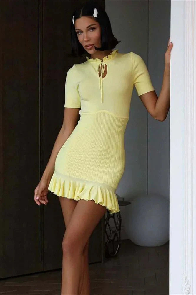 Hollow Out High Waist Patchwork Lace-Up Mini Dress