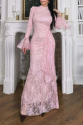 O-Neck Lace High Waist Long Sleeve Pleated Maxi Dress