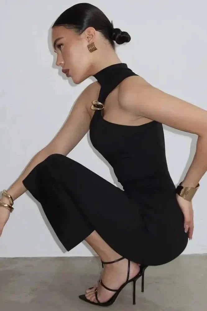 Turtleneck Off-Shoulder Sleeveless Backless Midi Dress