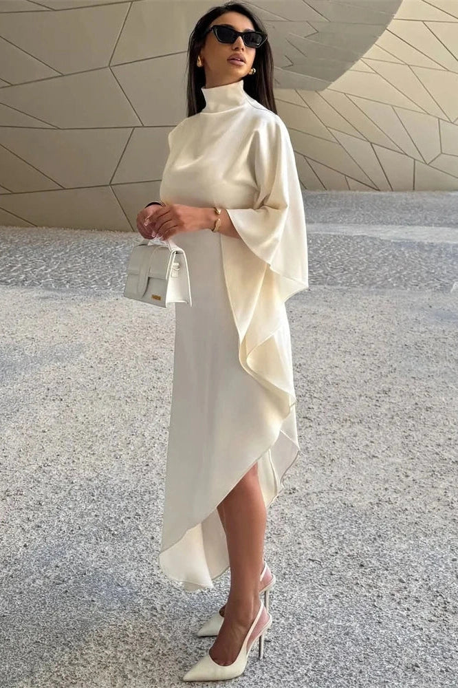 Turtleneck High Waist One-Shoulder Patchwork Maxi Dress