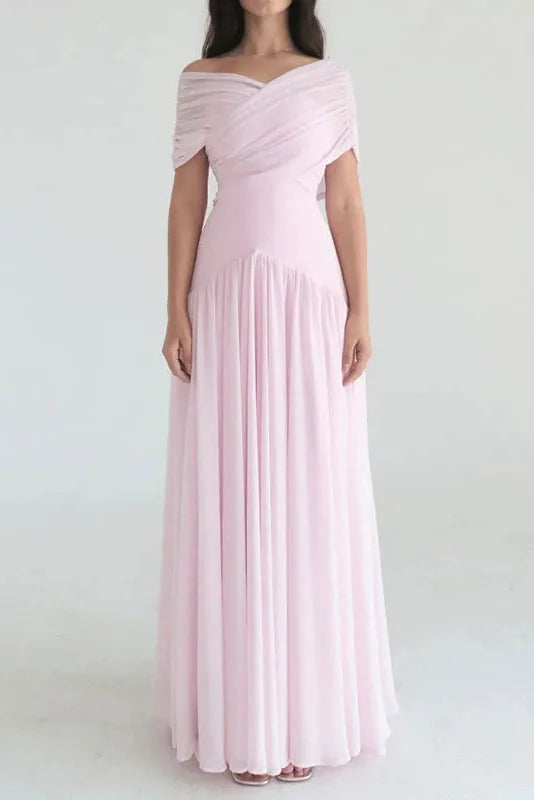 Off Shoulder High Waist Pleated Maxi Dress