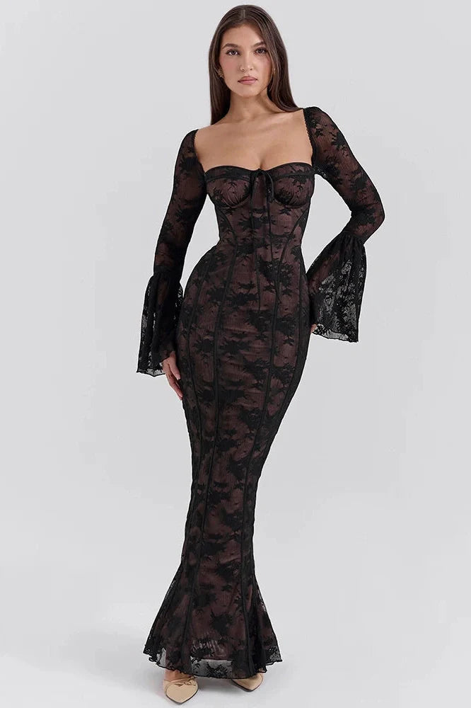 Lace Print Long Flare Sleeve Square Collar Maxi Dress