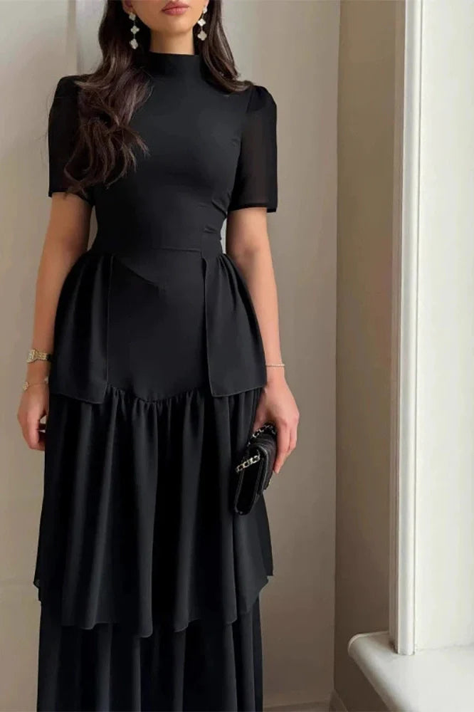 O-Neck Pleat High Waist Maxi Dress