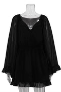 See-Through Long Sleeve Square Collar High Waist Pleated A-Line Mini Dress