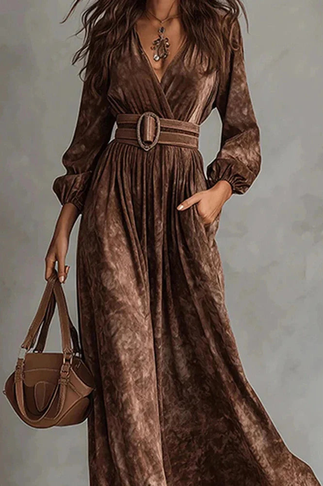 Elegant High Waist Long Sleeve Pleated V-Neck Maxi Dress