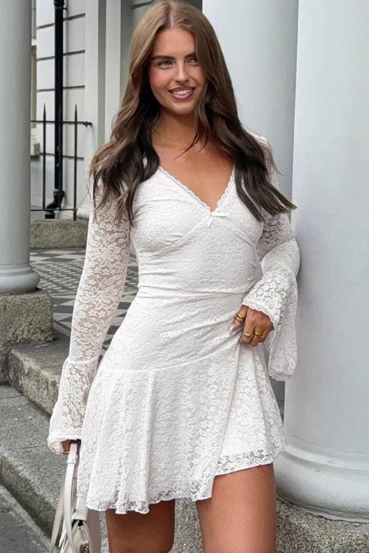 Hollow Out Lace Flare Sleeves Deep V-Neck Slim Mini Dress