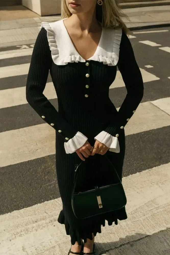 Patchwork Knit Long Sleeve Slim Midi Dress